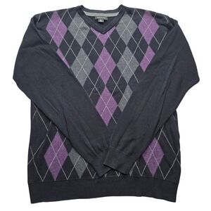 Structure Argyle V-Neck Sweater Mens‎ XL Black Purple Grey Cotton Preppy Goth